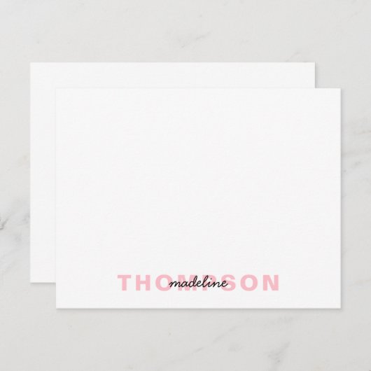黒モダン赤面ピンク名ミニマリストスクリプト ノートカード (正面/裏面)