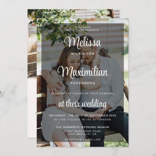 黒モダン透明シック2枚フォトQRコードRSVP 招待状 (正面/裏面)