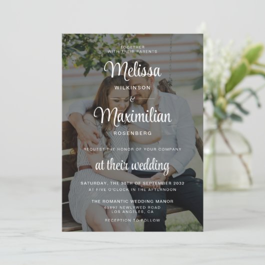 黒モダン透明シック2枚フォトQRコードRSVP 招待状 (スタンド正面)