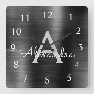 黒モダン金エレガント属モノグラム名 スクエア壁時計