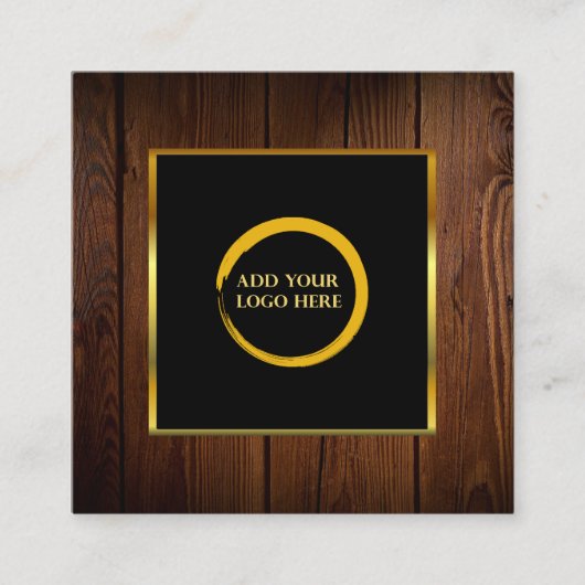 黒モダン金ゴールドの木材パターンのロゴを追加 スクエア名刺 (正面)