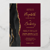 黒モダン金ゴールドアガテブルゴーニュ結婚ズ 箔招待状 (正面)