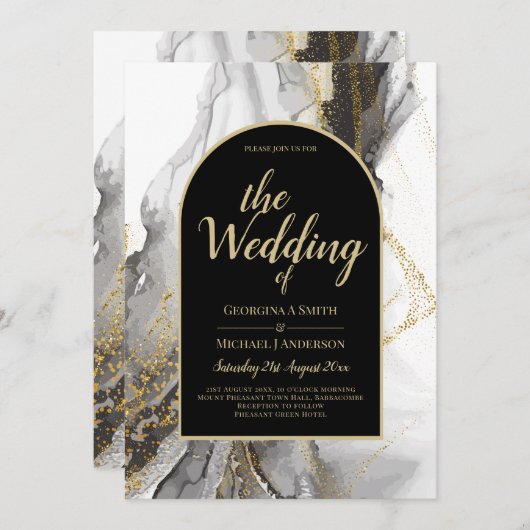 黒モダン金ゴールドアガテマーブルグリッター結婚ズ 招待状 (正面/裏面)