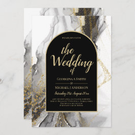 黒モダン金ゴールドアガテマーブルグリッター結婚ズ 招待状