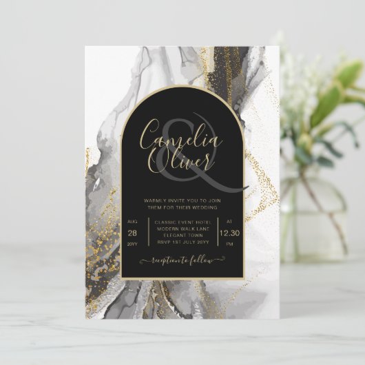 黒モダン金ゴールドアガテマーブルグリッター結婚ズ 招待状 (スタンド正面)