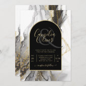 黒モダン金ゴールドアガテマーブルグリッター結婚ズ 招待状 (正面/裏面)