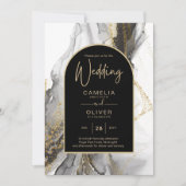 黒モダン金ゴールドアガテマーブルグリッター結婚ズ 招待状 (正面)