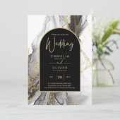 黒モダン金ゴールドアガテマーブルグリッター結婚ズ 招待状 (スタンド正面)