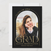 黒モダン金ゴールドアーチ写真卒業パーティー 招待状 (正面)