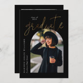 黒モダン金ゴールドアーチ卒業発表 招待状 (正面/裏面)