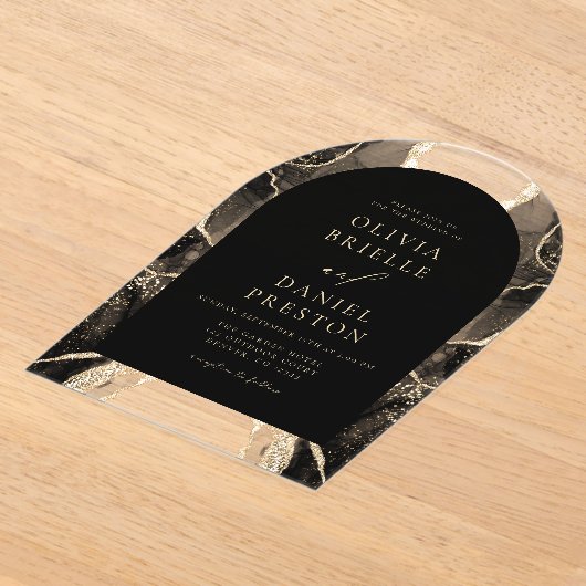 黒モダン金ゴールドア結婚ガテエレガントス アクリル招待状 (レイダウン)