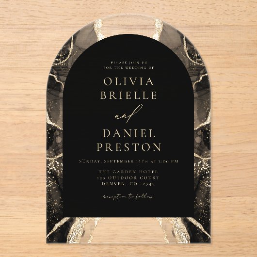 黒モダン金ゴールドア結婚ガテエレガントス アクリル招待状 (正面)