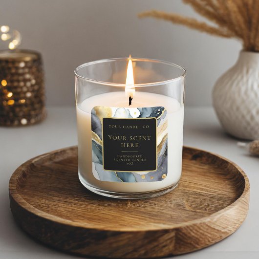 黒モダン金ゴールドエレガント水彩蝋燭ラベル スクエアシール