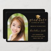 黒モダン金ゴールドキャップスクリプトアーチフォト卒業 案内状 (正面/裏面)