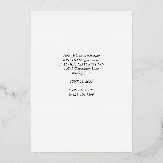 黒モダン金ゴールドキャップ写真卒業 箔招待状 (裏面)