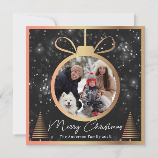 黒モダン金ゴールドクリスマスオーナメント2写真 シーズンカード (正面)