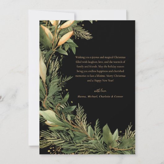 黒モダン金ゴールドクリスマスグリーン植物学 シーズンカード (裏面)
