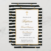 黒モダン金ゴールドクロスハートバプテスマ 招待状 (正面/裏面)