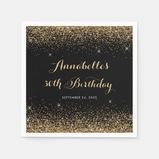 黒モダン金ゴールドグリッタースパークルアエージ誕生日 スタンダードカクテルナプキン (正面)