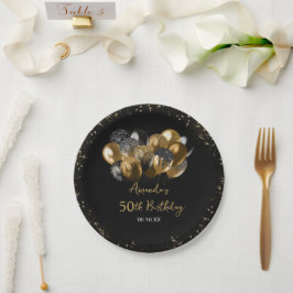 黒モダン金ゴールドグリッタースパークルアエージ誕生日 ペーパープレート