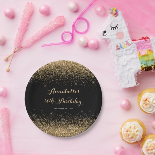 黒モダン金ゴールドグリッタースパークルアエージ誕生日 ペーパープレート (パーティー)