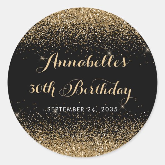 黒モダン金ゴールドグリッタースパークルアエージ誕生日 ラウンドシール (正面)