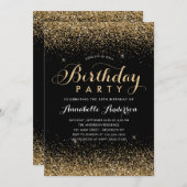 黒モダン金ゴールドグリッタースパークルアエージ誕生日 招待状 (正面/裏面)