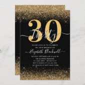 黒モダン金ゴールドグリッタースパークルアエージ誕生日 招待状 (正面/裏面)