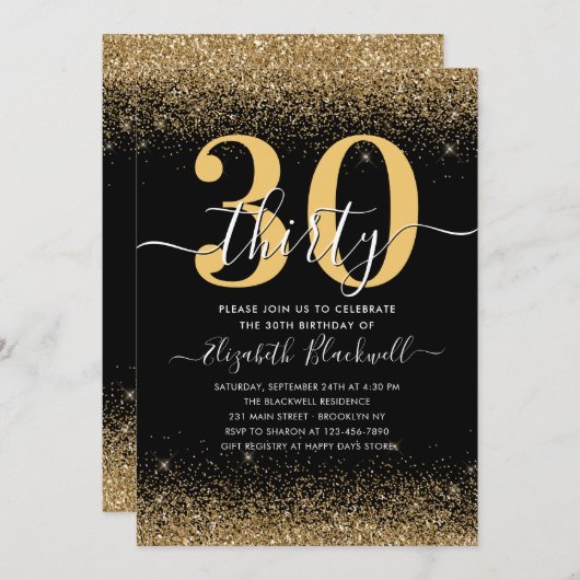 黒モダン金ゴールドグリッタースパークルアエージ誕生日 招待状 (正面/裏面)