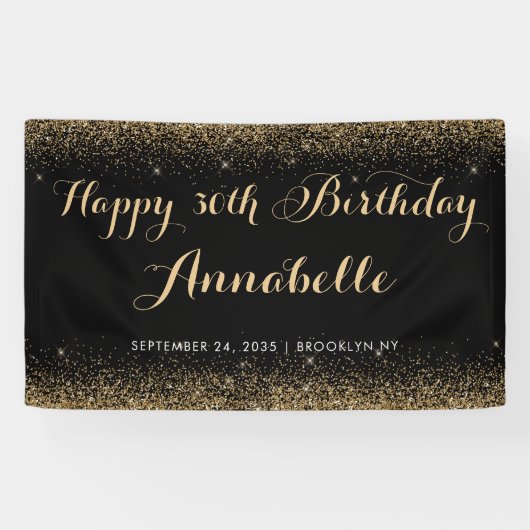 黒モダン金ゴールドグリッタースパークルアエージ誕生日 横断幕 (横)