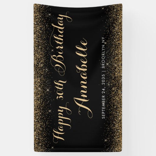 黒モダン金ゴールドグリッタースパークルアエージ誕生日 横断幕 (縦)
