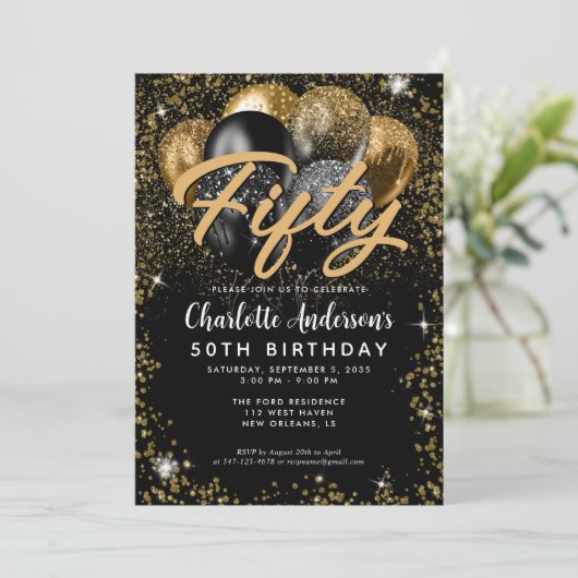 黒モダン金ゴールドグリッターバルーンエイジ誕生日 招待状 (スタンド正面)