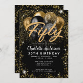 黒モダン金ゴールドグリッターバルーンエイジ誕生日 招待状 (正面/裏面)