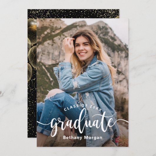 黒モダン金ゴールドグリッターバルーン卒業写真 招待状 (正面/裏面)