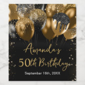 黒モダン金ゴールドグリッターバルーン誕生日 ワインラベル (シングルラベル)