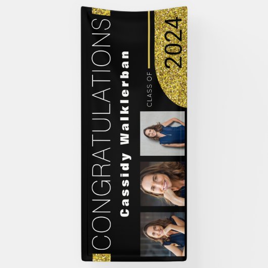 黒モダン金ゴールドグリッター写真卒業 横断幕 (縦)