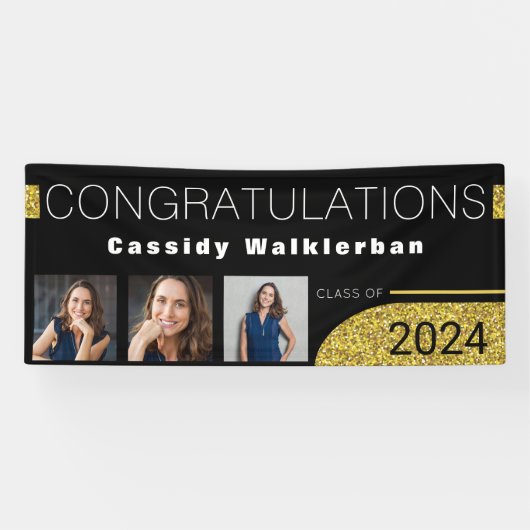 黒モダン金ゴールドグリッター写真卒業 横断幕 (横)