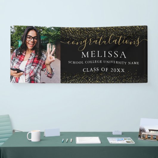 黒モダン金ゴールドグリッター写真卒業 横断幕 (トレードショー)