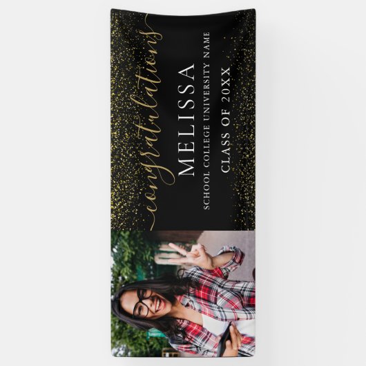 黒モダン金ゴールドグリッター写真卒業 横断幕 (縦)