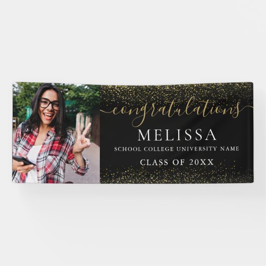 黒モダン金ゴールドグリッター写真卒業 横断幕 (横)