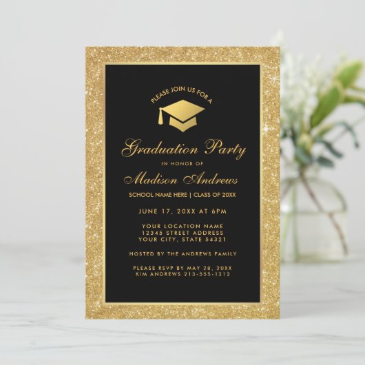 黒モダン金ゴールドグリッター卒業パーティー招待状 招待状 (スタンド正面)
