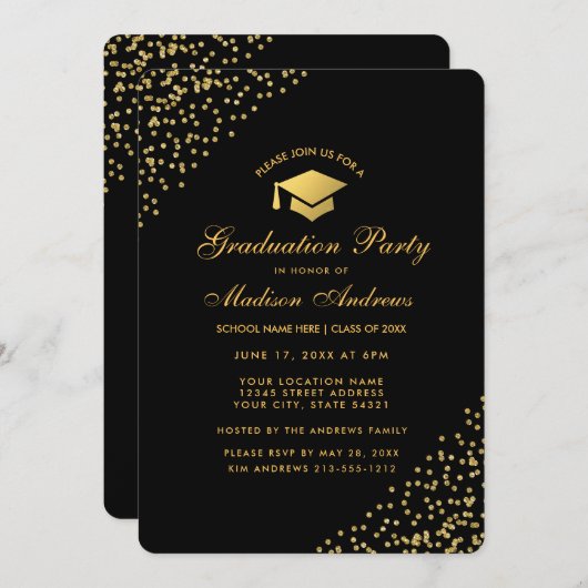黒モダン金ゴールドグリッター卒業パーティー招待状 招待状 (正面/裏面)