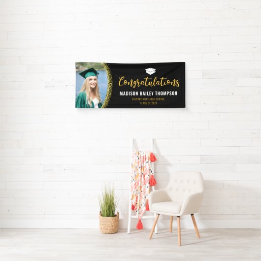 黒モダン金ゴールドグリッター卒業写真 横断幕 (インサイチュ)