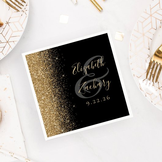 黒モダン金ゴールドグリッター結婚エッジ スタンダードカクテルナプキン