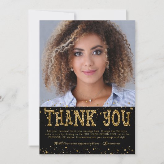 黒モダン金ゴールドグリッター2写真卒業 サンキューカード (正面)
