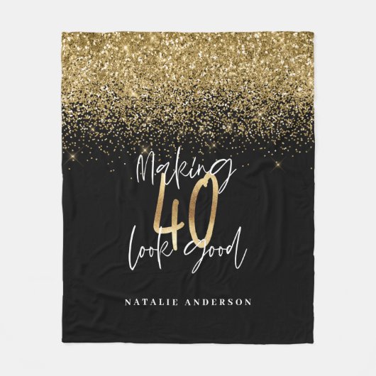 黒モダン金ゴールドグリッター40th誕生日タイポグラフィ フリースブランケット (正面)