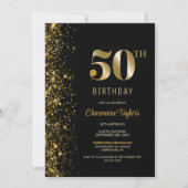 黒モダン金ゴールドグリッター50th誕生日パーティー 招待状 (正面)