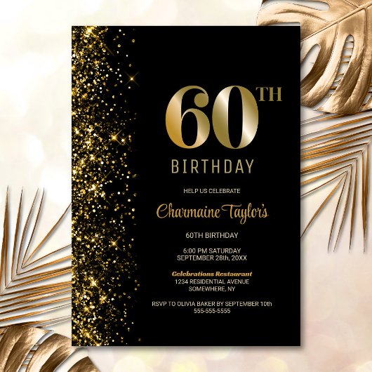黒モダン金ゴールドグリッター60th誕生日パーティー 招待状