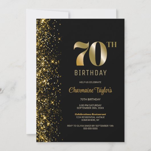 黒モダン金ゴールドグリッター70th誕生日パーティー 招待状 (正面)