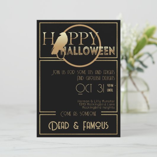 黒モダン金ゴールドシック大人グラムハローウィンパーティ 招待状 (スタンド正面)